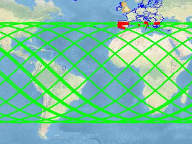 <p>Danger zone: the Chinese rocket could fall anywhere within the green zone, including on EU countries (in red)</p>