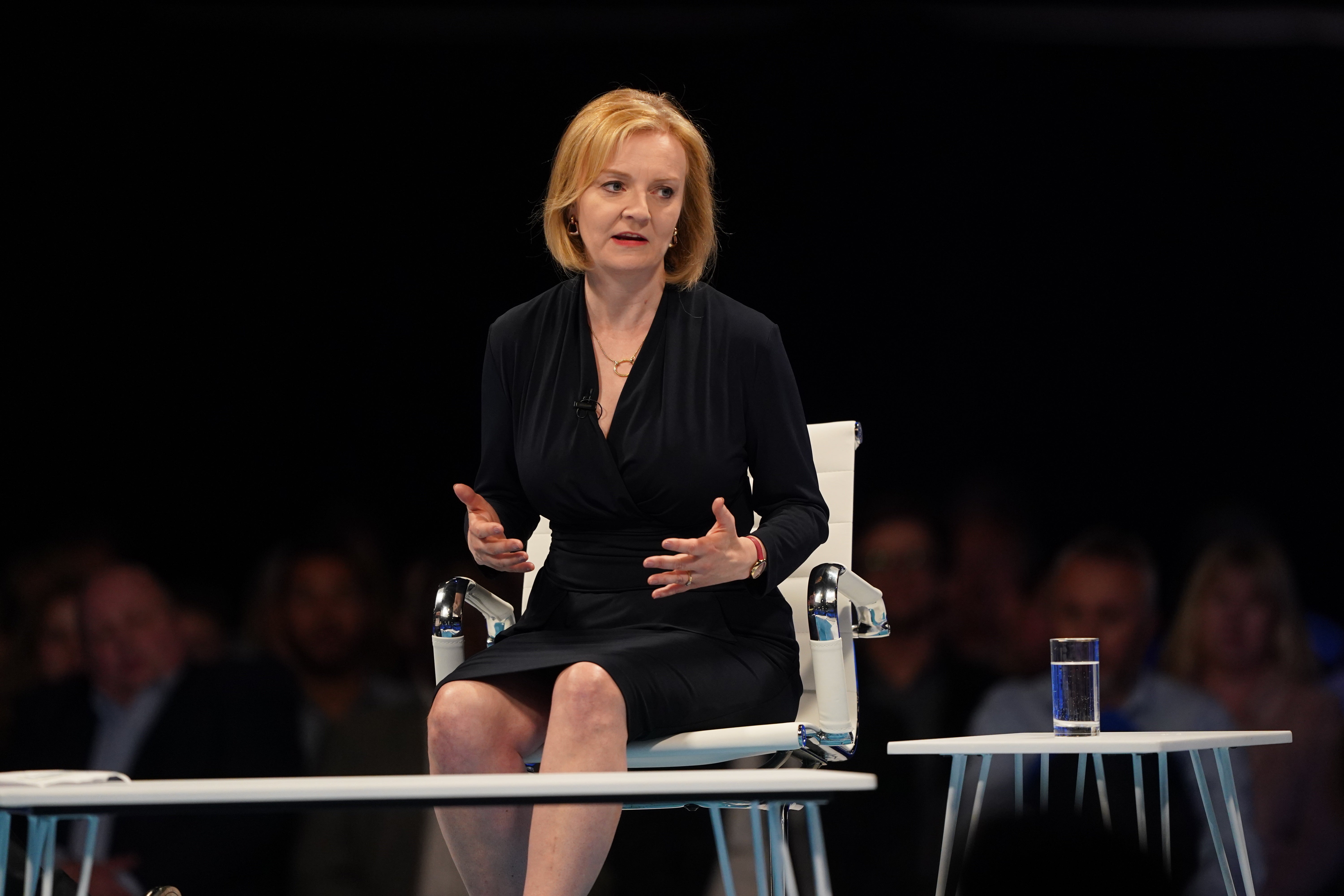 Conservative leadership candidate Liz Truss speaking at a hustings event at the Pavilion conference centre at Elland Road in Leeds (PA/Owen Humphreys)