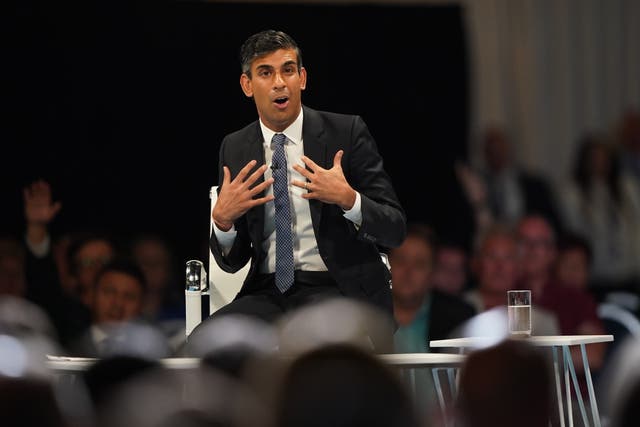 Conservative leadership candidate Rishi Sunak speaking at a hustings event at the Pavilion conference centre at Elland Road in Leeds (PA/Owen Humphreys)
