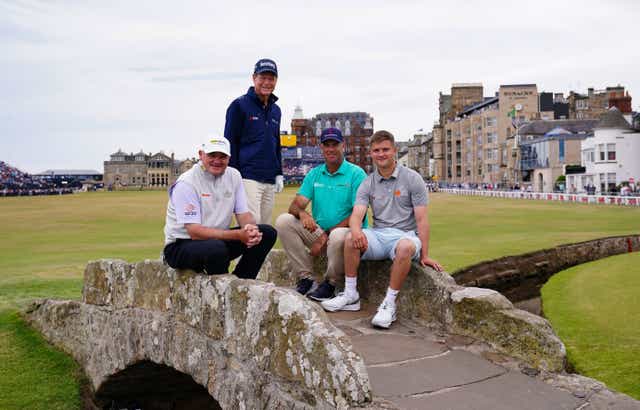 Paul Lawrie, Tom Watson, Stewart Cink and Kipp Popert (right) pose for a photo on the Swilcan Bridge during the Celebration of Champions event at the Old Course, St Andrews (Jane Barlow/PA)