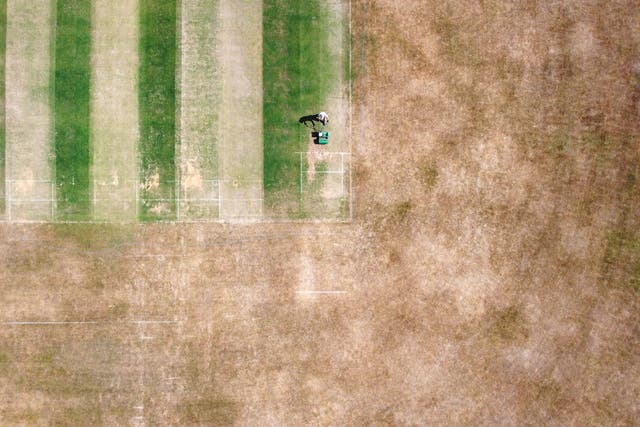 <p>A groundsman at Boughton and Eastwell Cricket Club in Ashford, Kent, prepares the wickets for matches this weekend</p>