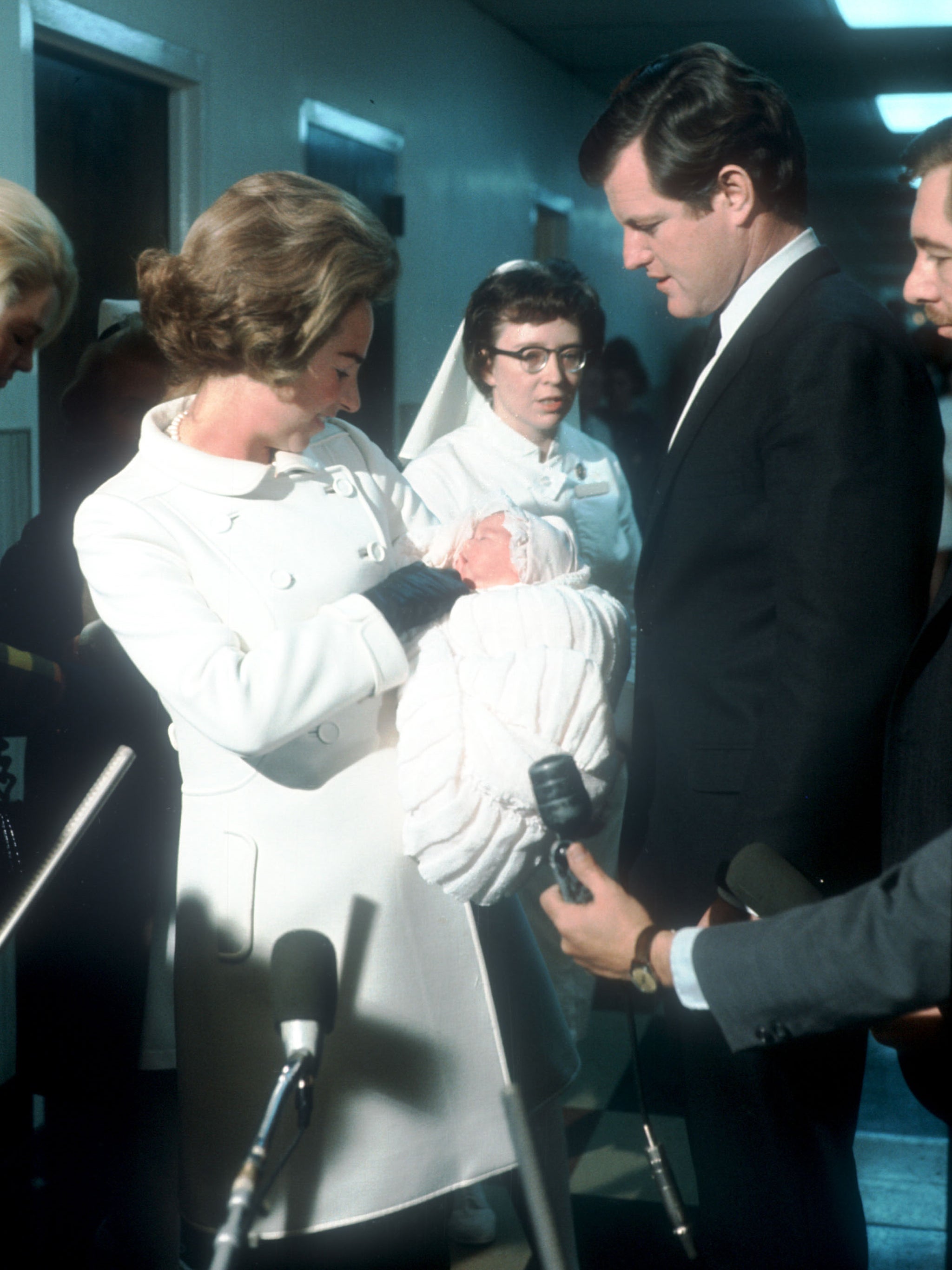 Ethel Kennedy holds newborn daughter Rory as Edward Kennedy looks on on December 12 1968 in Washington DC