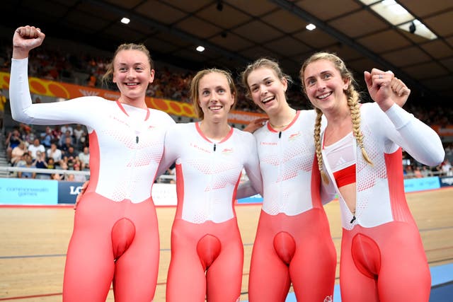 <p>Bronze medalists, Grace Lister, Josie Knight, Laura Kenny and Maddie Leech celebrate after finishing third </p>