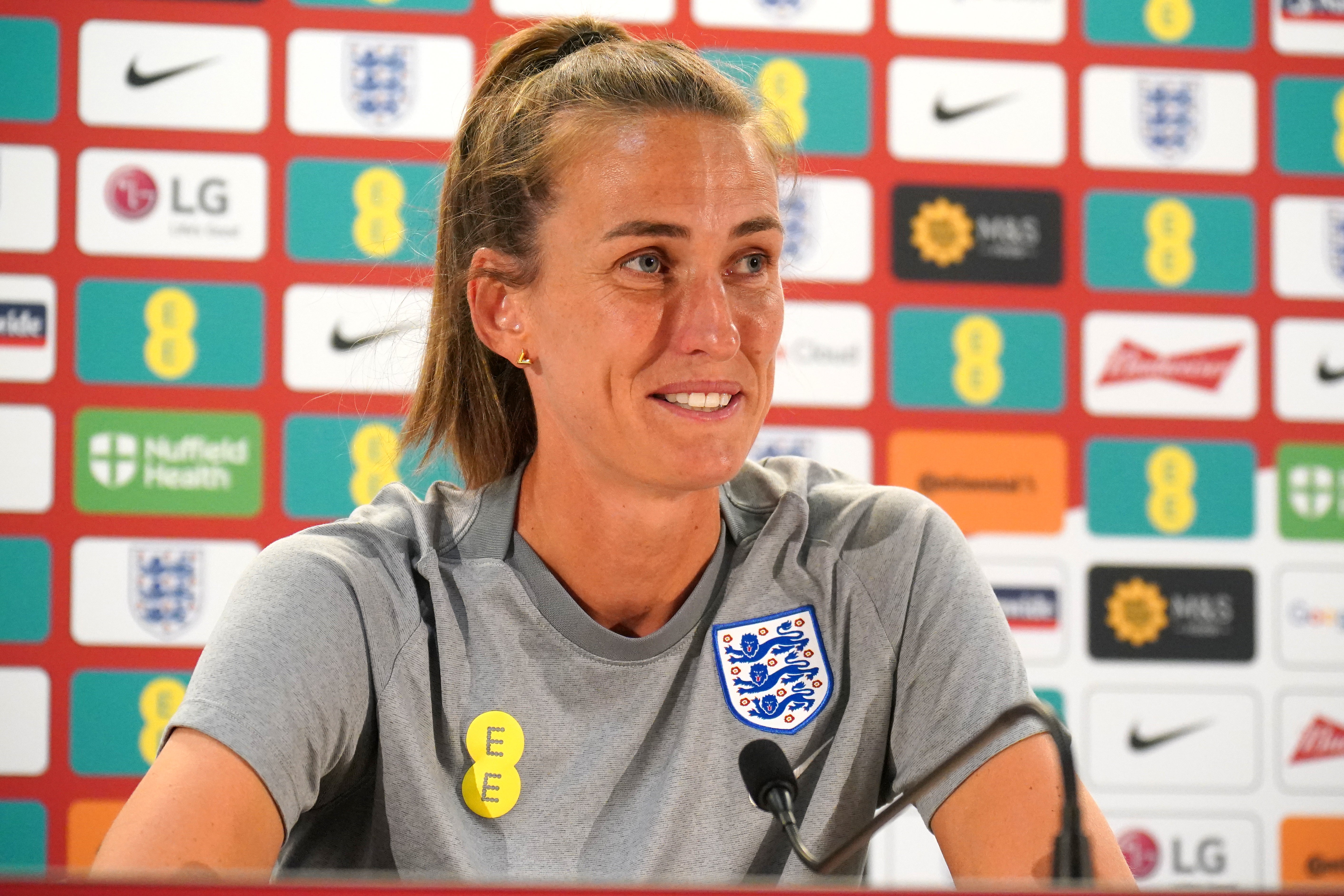 England’s Jill Scott speaking to the media ahead of Sunday’s Euro 2022 final (Jonathan Brady/PA).