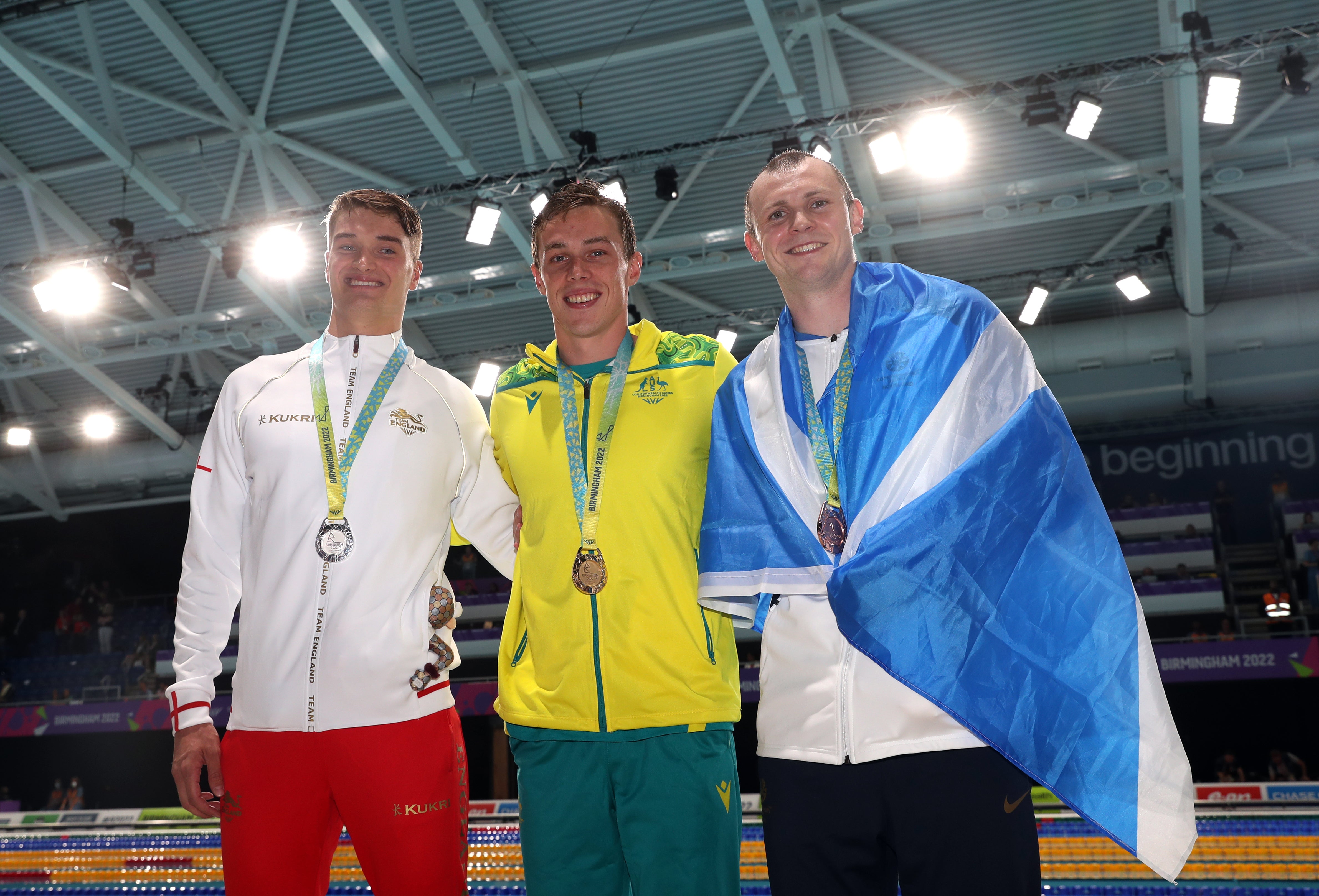 James Wilby, left, and Ross Murdoch, right, finished on the podium after the men’s 200m breaststroke (Bradley Collyer/PA)