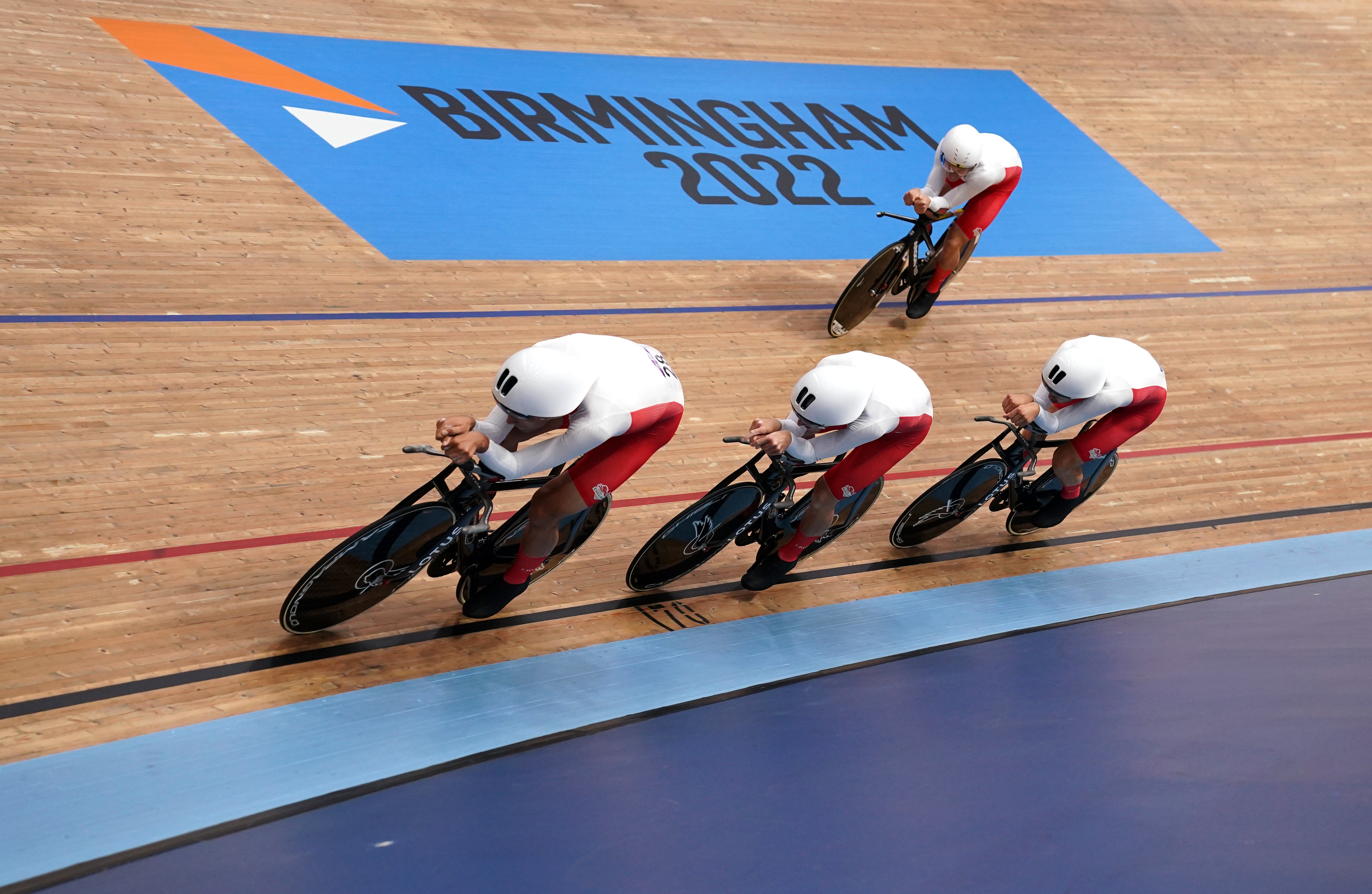 Dan Bigham, Charlie Tanfield, Ethan Vernon and Oli Wood on their way to a silver medal at the Commonwealth Games (John Walton/PA)