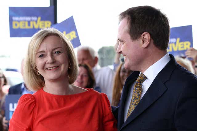 Liz Truss with her newest senior Tory supporter Tom Tugendhat in Bromley (Henry Nicholls/PA)