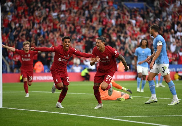 <p>Darwin Nunez (27) celebrates scoring Liverpool’s third goal during the FA Community Shield win over Manchester City at the King Power Stadium </p>