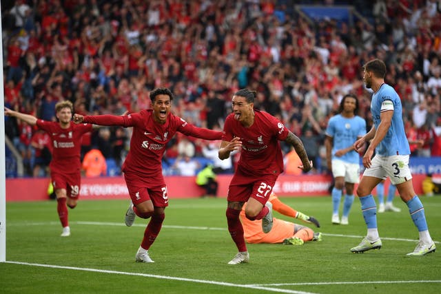 <p>Darwin Nunez (27) celebrates scoring Liverpool’s third goal during the FA Community Shield win over Manchester City at the King Power Stadium </p>