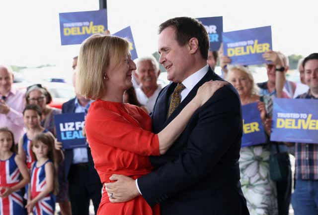 Liz Truss with supporter Tom Tugendhat at a campaign event at Biggin Hill Airport, Bromley (Henry Nicholls/PA)