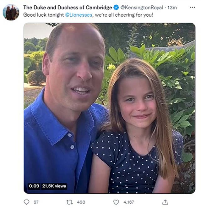 Screengrab of the tweet posted by the Duke and Duchess of Cambridge of William and Charlotte wishing England’s Lionesses the best of luck as they prepare to take on Germany at Wembley (Duke and Duchess of Cambridge/PA