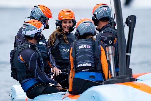 Kate celebrates with the Great Britain SailGP Team (Ricardo Pinto for SailGP/PA)