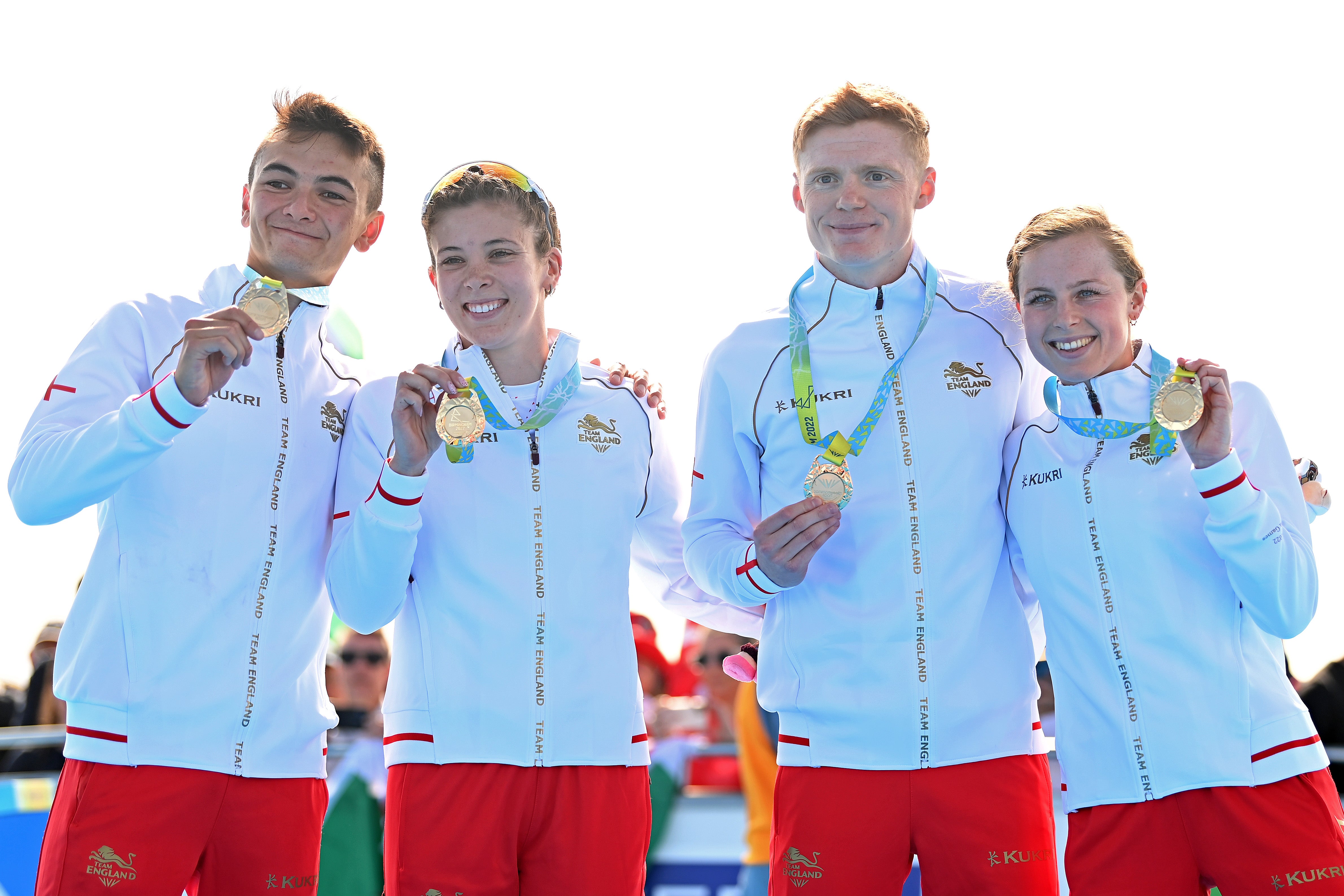 Gold medalist Alex Yee, Sophie Coldwell, Samuel Dickinson and Georgia Taylor-Brown of Team England