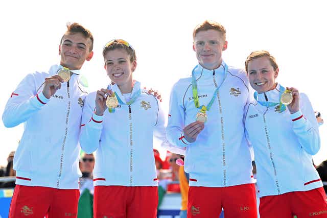 <p>Gold medalist Alex Yee, Sophie Coldwell, Samuel Dickinson and Georgia Taylor-Brown of Team England</p>