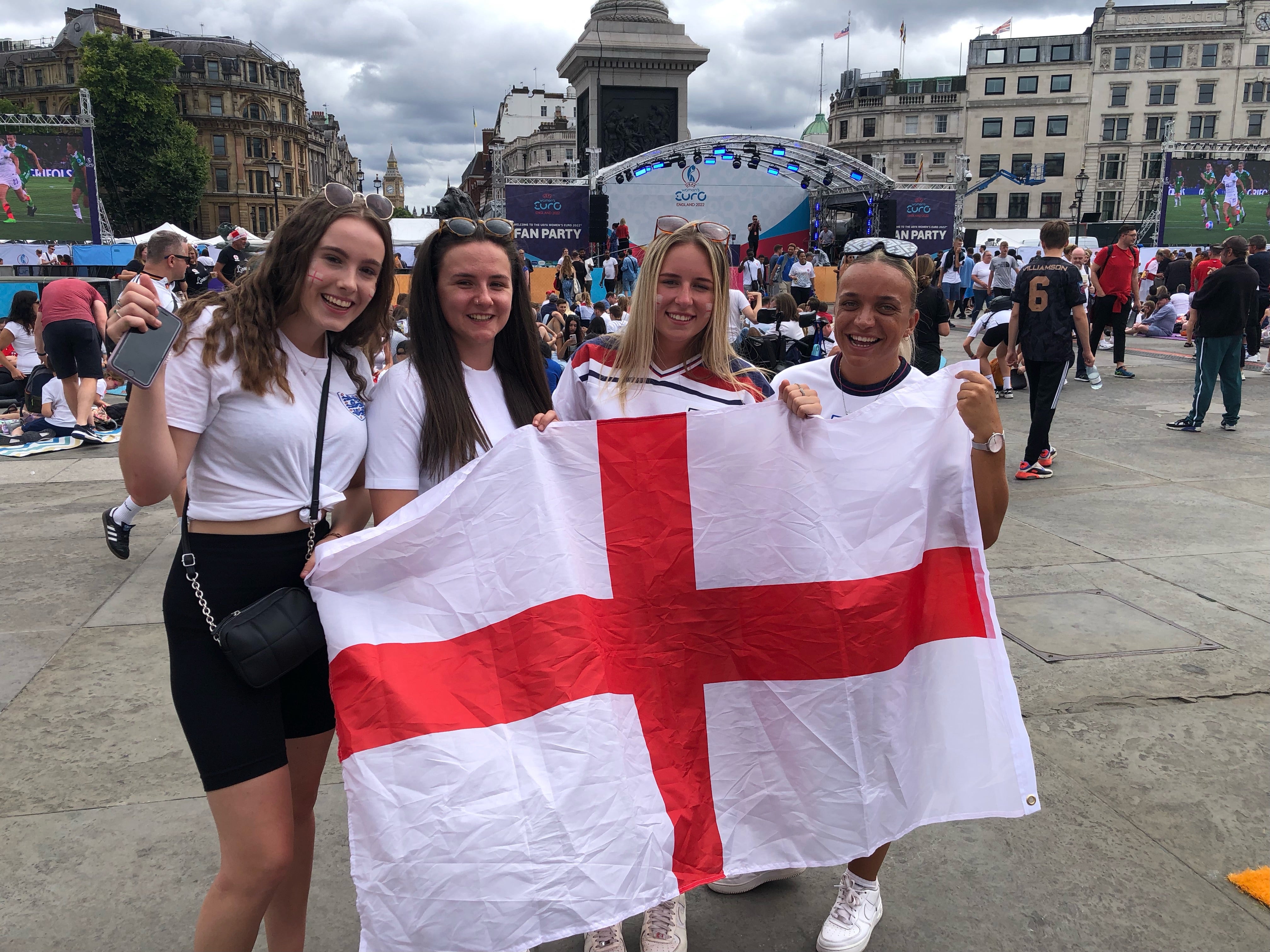 Four friends from Devon support England in Trafalgar Square
