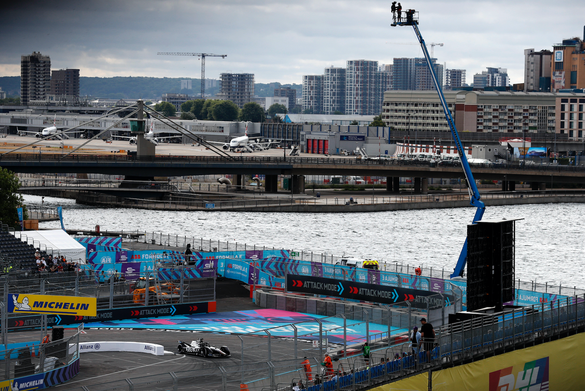 Aerial view of the London E-Prix circuit outside the Excel Centre