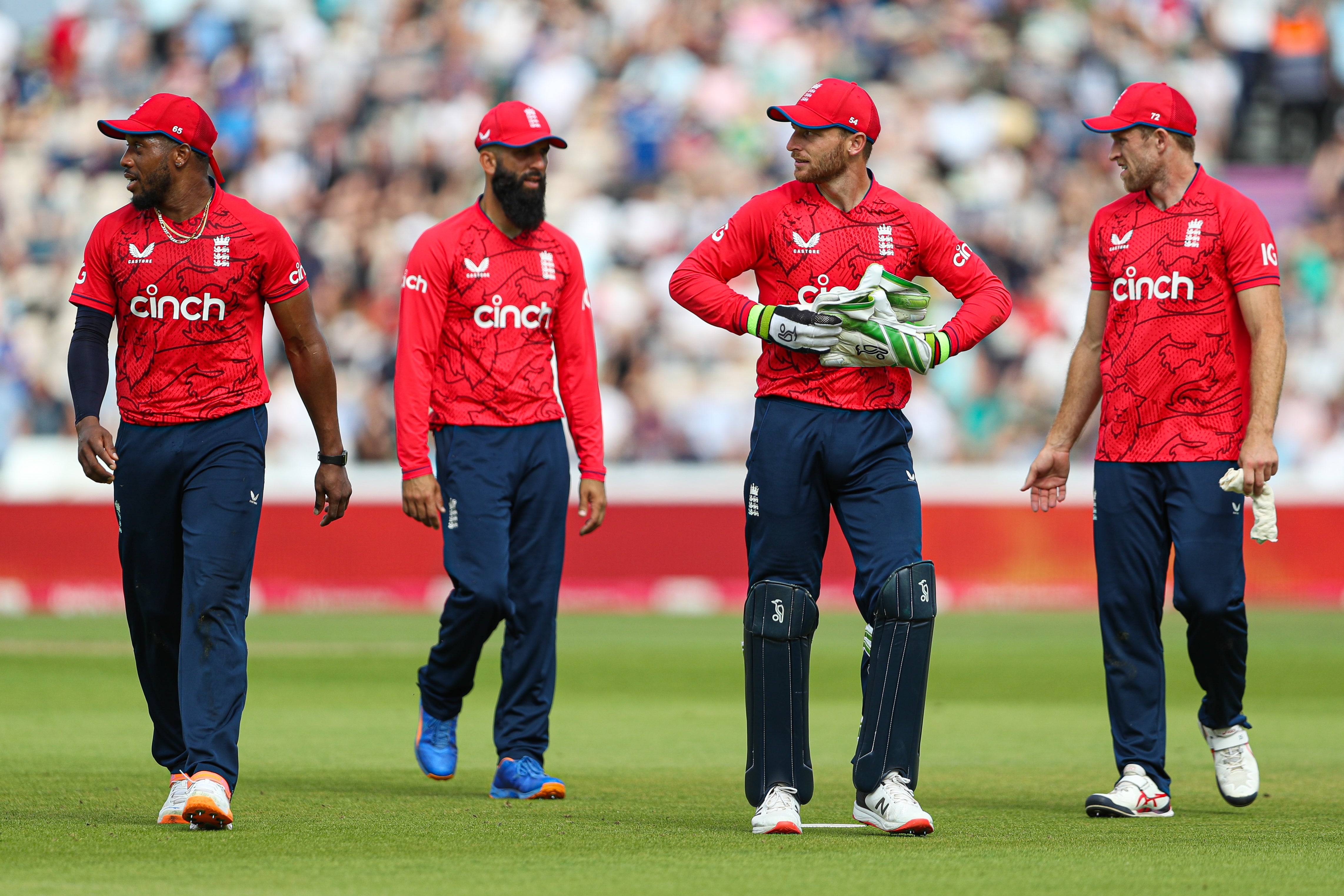 Jos Buttler (second from right) saw England suffer a 90-run defeat against South Africa at the Ageas Bowl in a T20 series decider (Kieran Cleeves/PA)