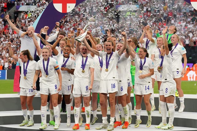 <p>England’s Ellen White and Jill Scott lift the trophy as England celebrate winning the UEFA Women’s Euro 2022 final at Wembley Stadium</p>