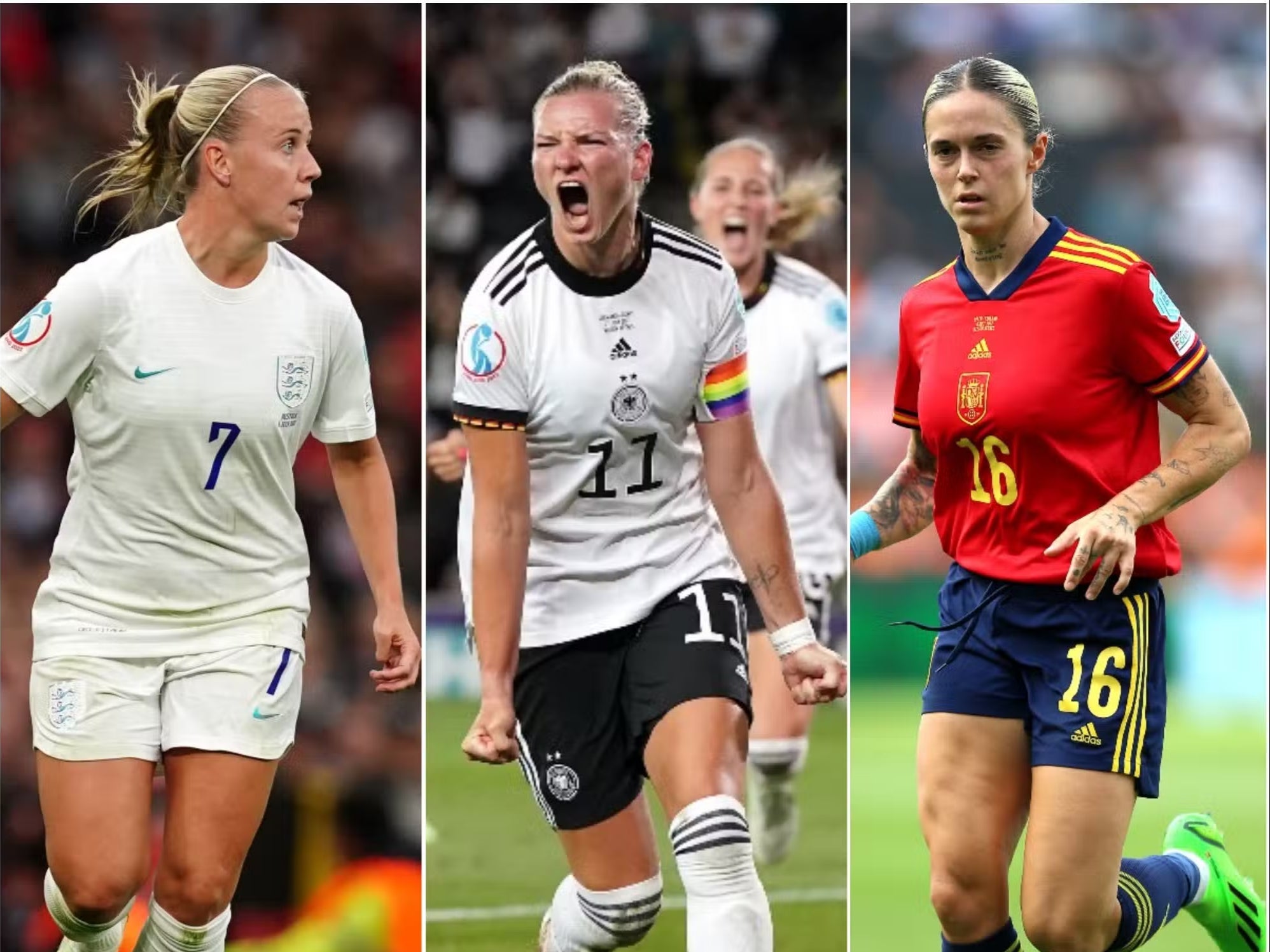 Top scorers Beth Mead, left, and Alexandra Popp were joined by Spain defender Mapi Leon, right, in the team of the tournament (Martin Rickett/Nick Potts/Nigel French/PA)