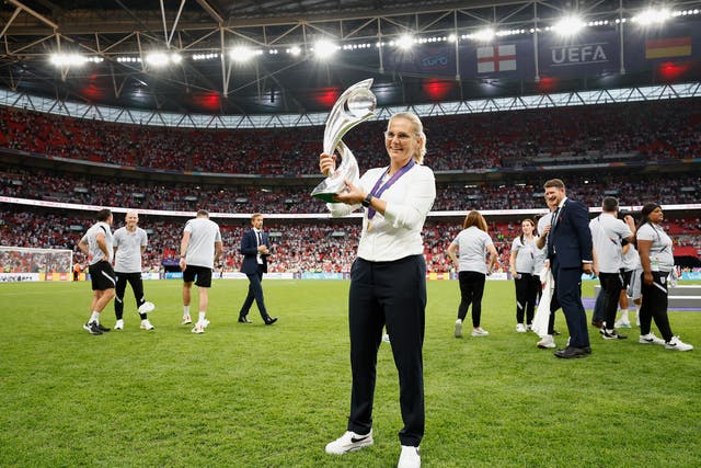 <p>Clear vision: Sarina Wiegman celebrates on the Wembley pitch </p>