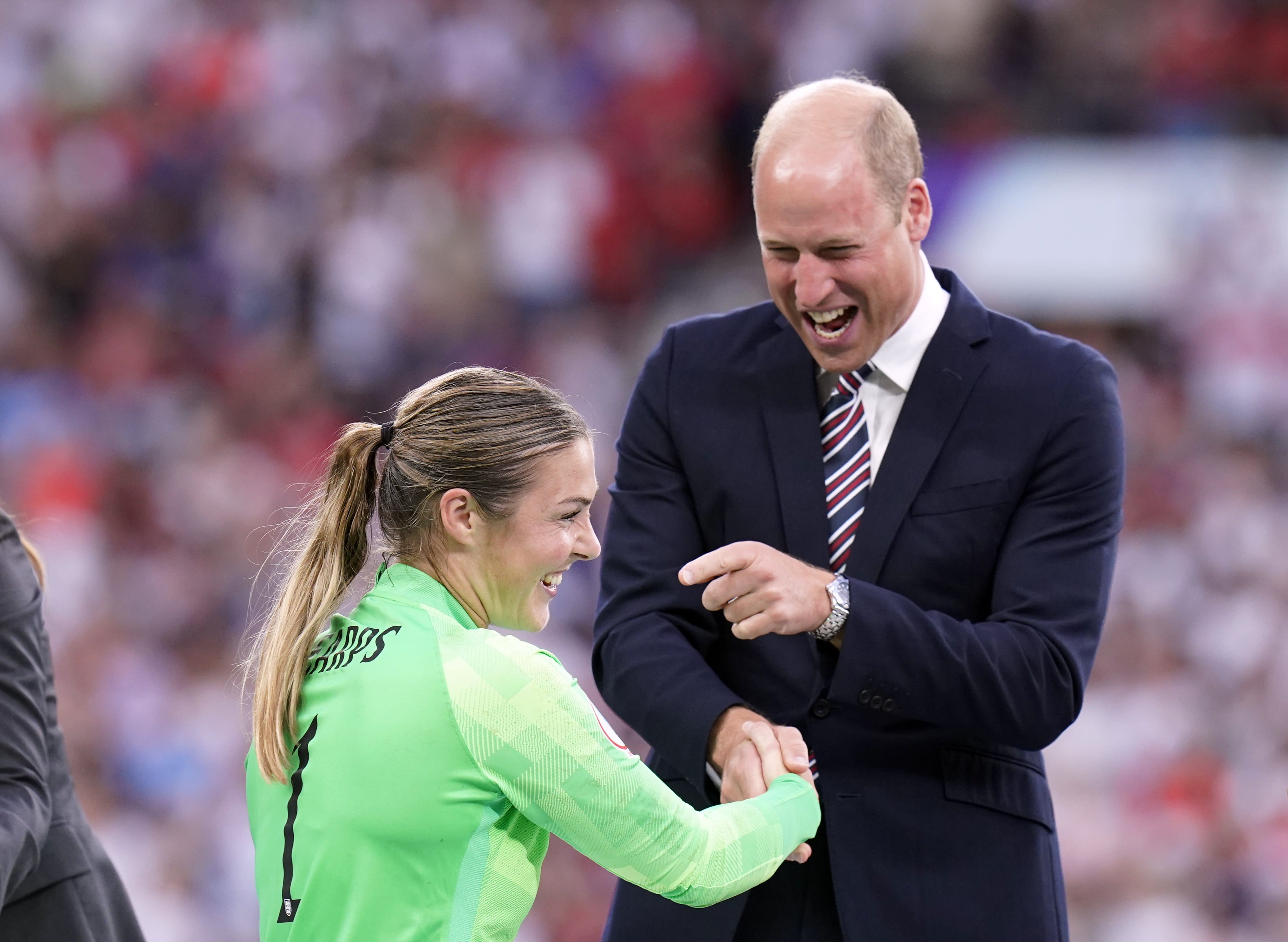 England goalkeeper Mary Earps with The Duke of Cambridge following England’s victory over Germany in the UEFA Women’s Euro 2022 final at Wembley (Danny Lawson/PA)