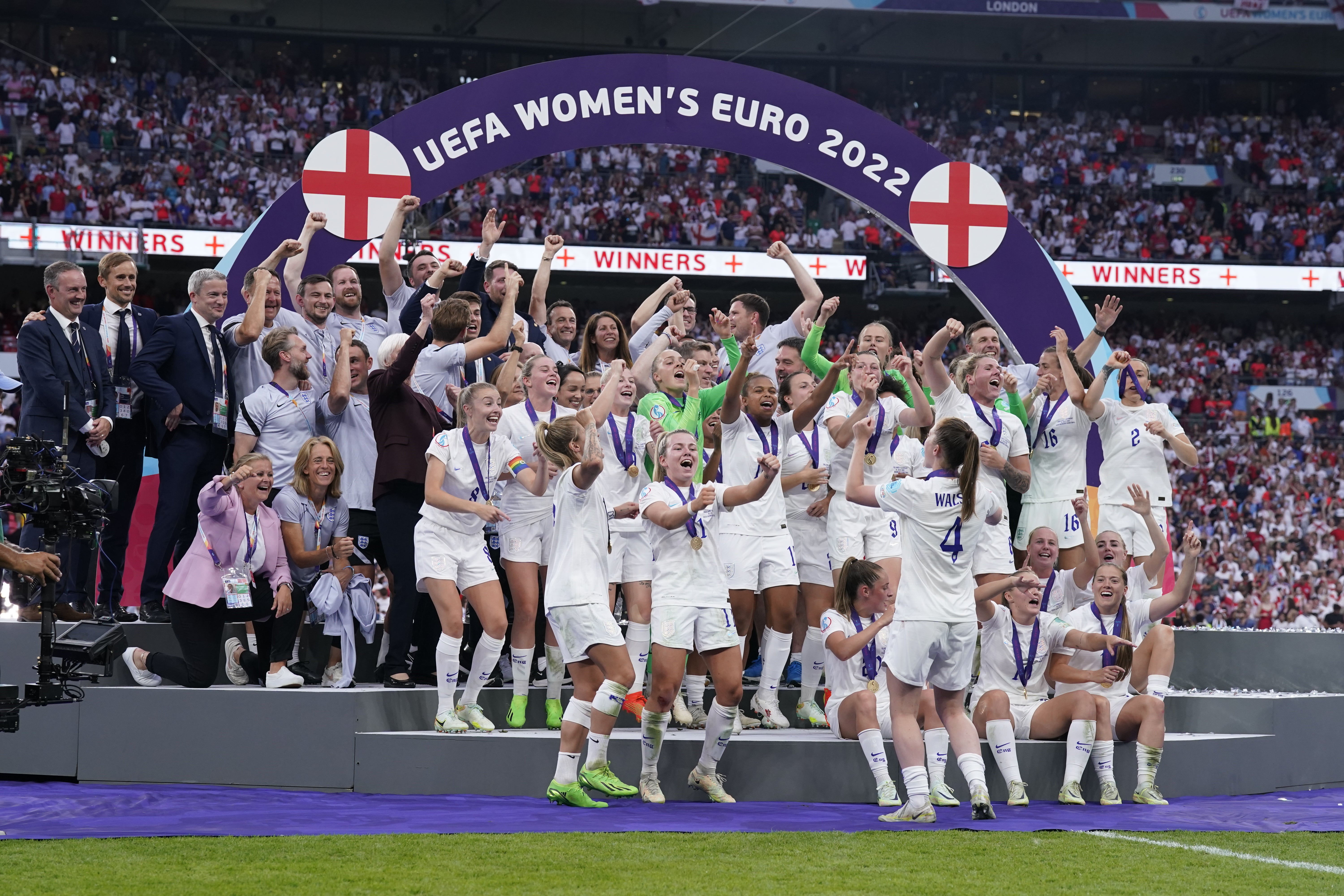 England players celebrate with the trophy following victory over Germany in the UEFA Women’s Euro 2022 final at Wembley (Danny Lawson/PA)