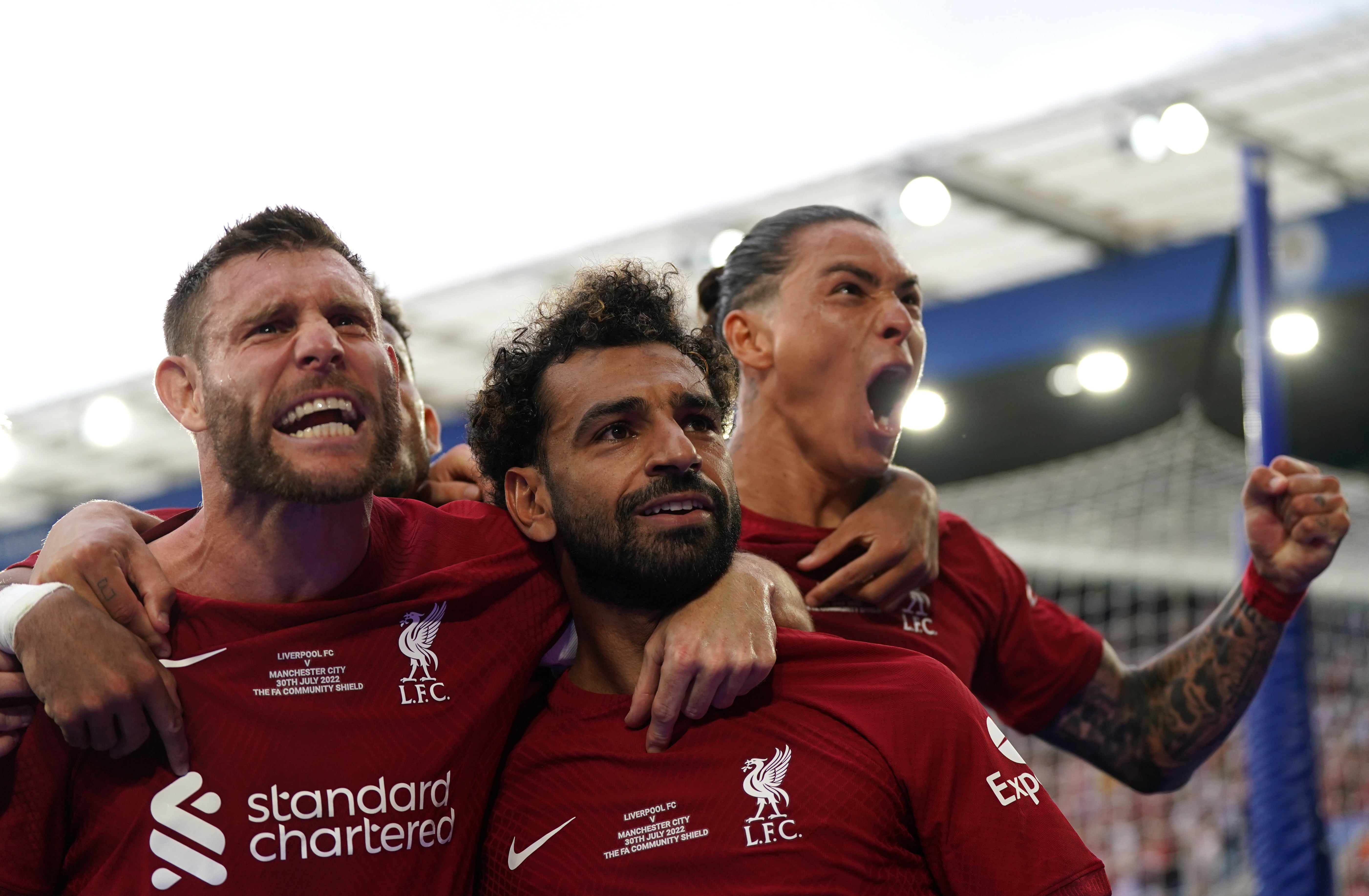Mohamed Salah, centre, celebrates his penalty in Liverpool’s 3-1 Community Shield win over Manchester City (Nick Potts/PA)