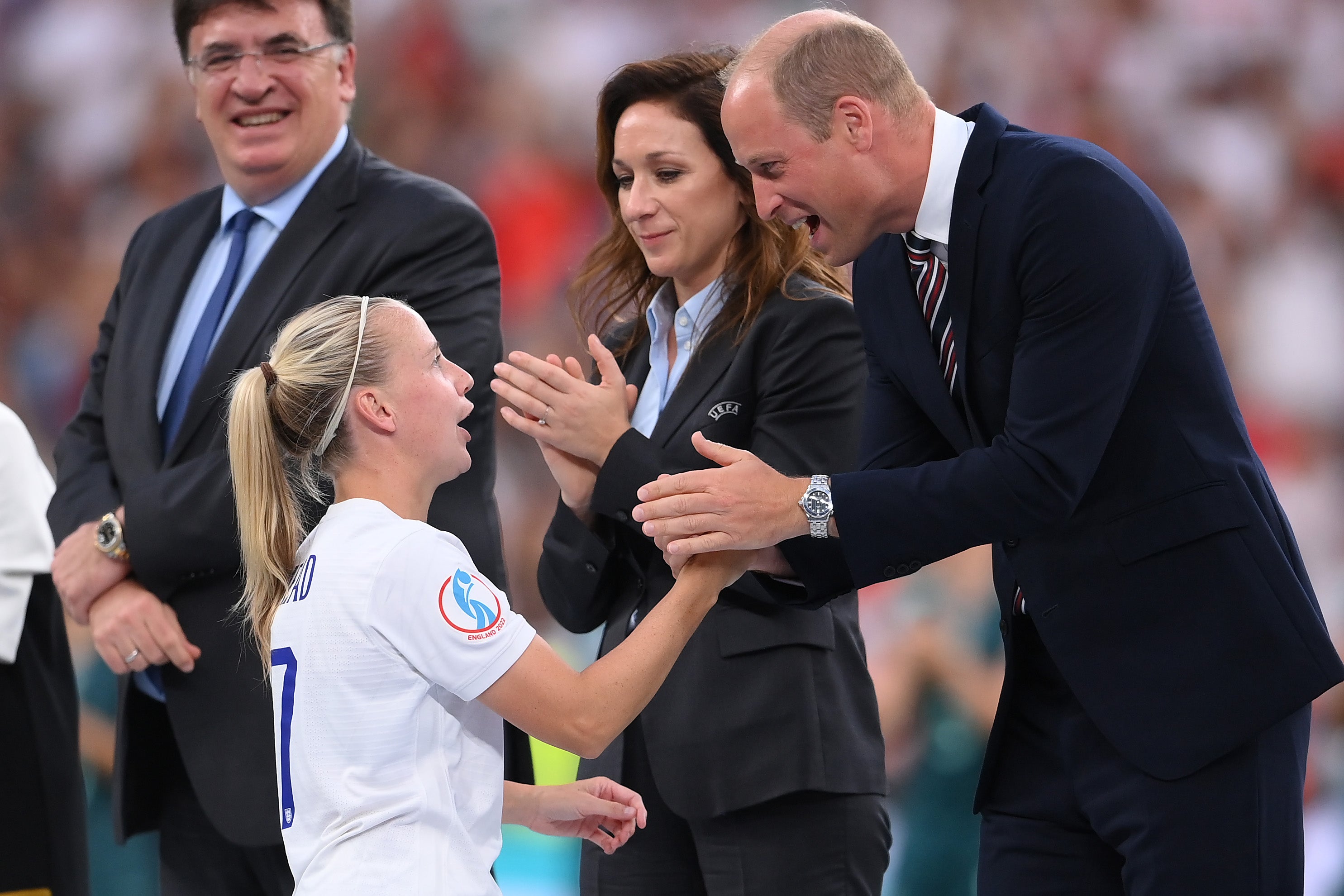 Beth Mead of England shakes hands with Prince William, Duke of Cambridge following the UEFA Women's Euro 2022 final match between England and Germany at Wembley Stadium