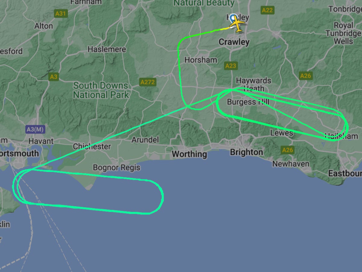 Plane takes off and circles Gatwick for two hours before returning