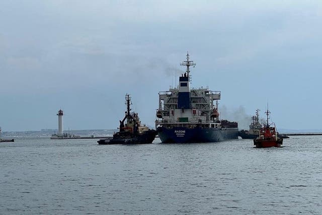 <p>The Sierra Leone-flagged ship Razoni leaves the sea port in Odesa after restarting grain exports, amid Russia's attack on Ukraine</p>