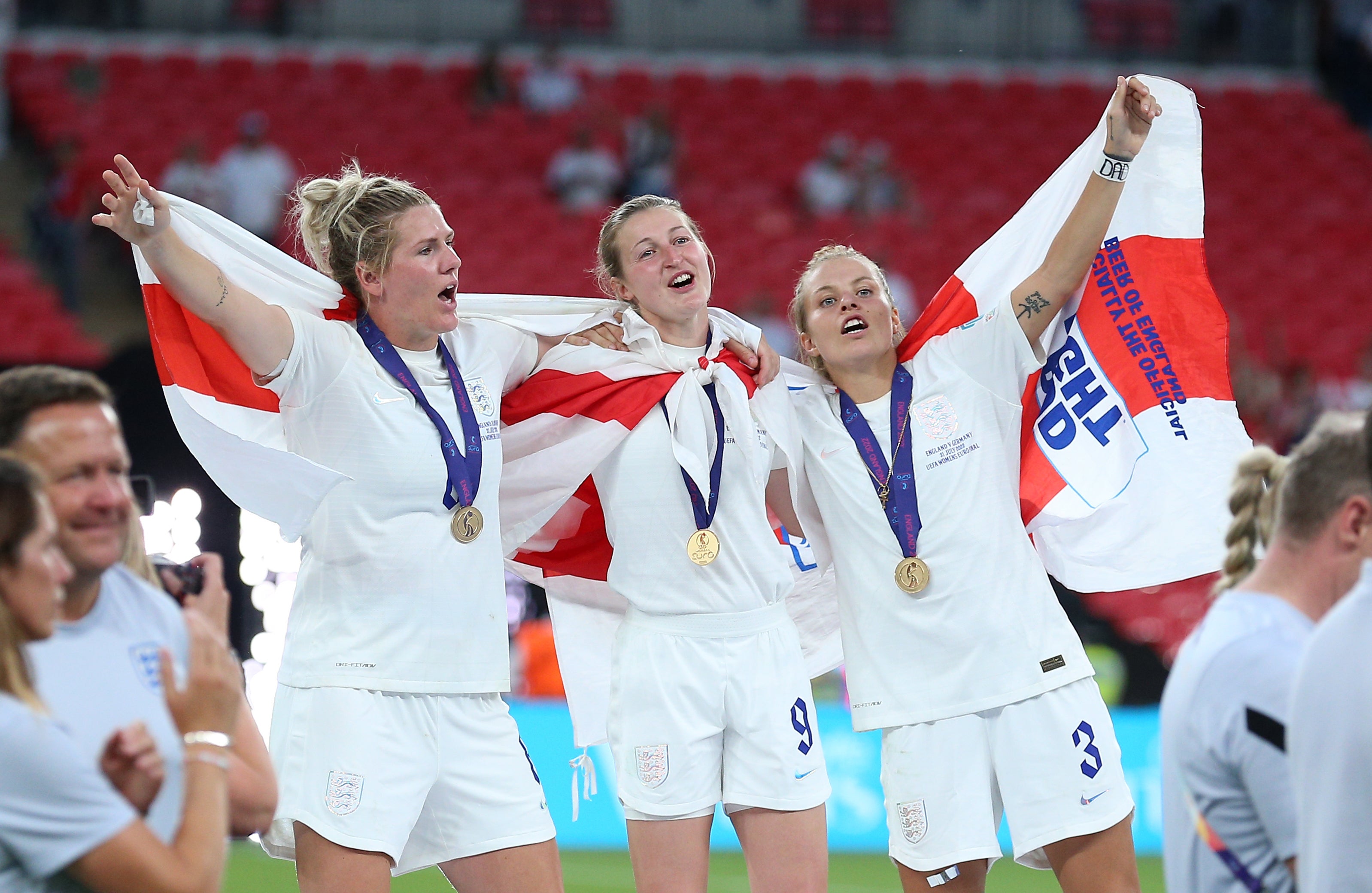 Millie Bright, Ellen White and Rachel Daly celebrate England’s Euro 2022 final victory over Germany (Nigel French/PA Images).