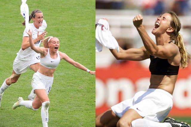 <p>Chloe Kelly and Brandi Chastain tore off their jerseys after scoring winning goals for their teams</p>