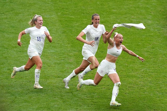 England’s Chloe Kelly (right) celebrates scoring their side’s second goal of the game (Adam Davy/PA)