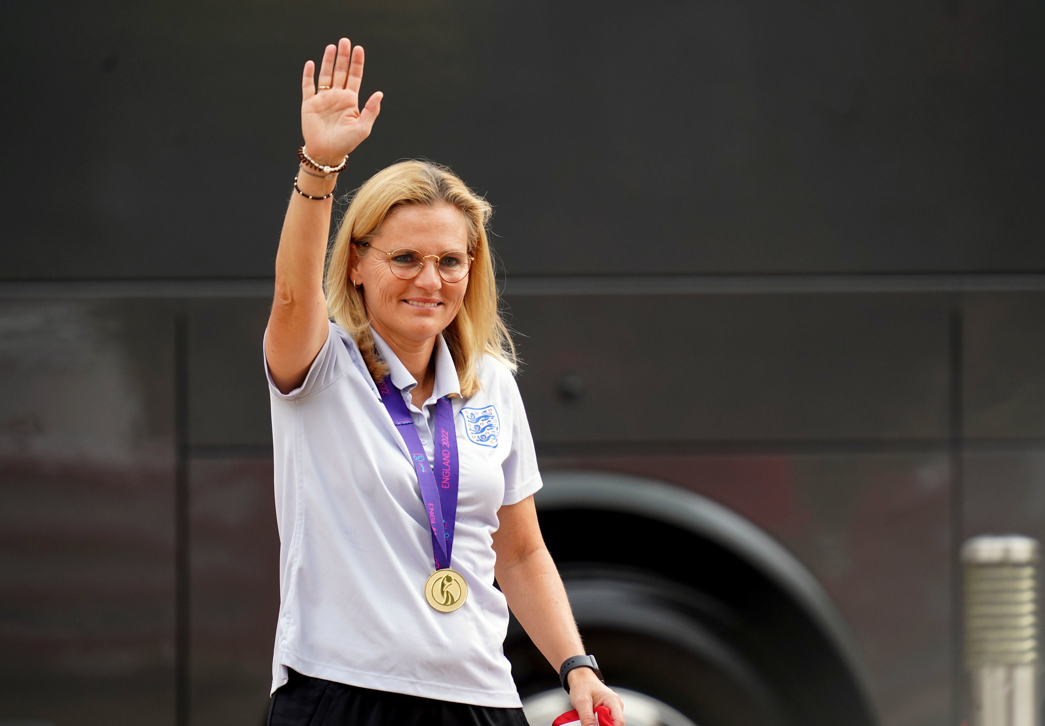 England head coach Sarina Wiegman at The Lensbury, Teddington after her team’s Euro win