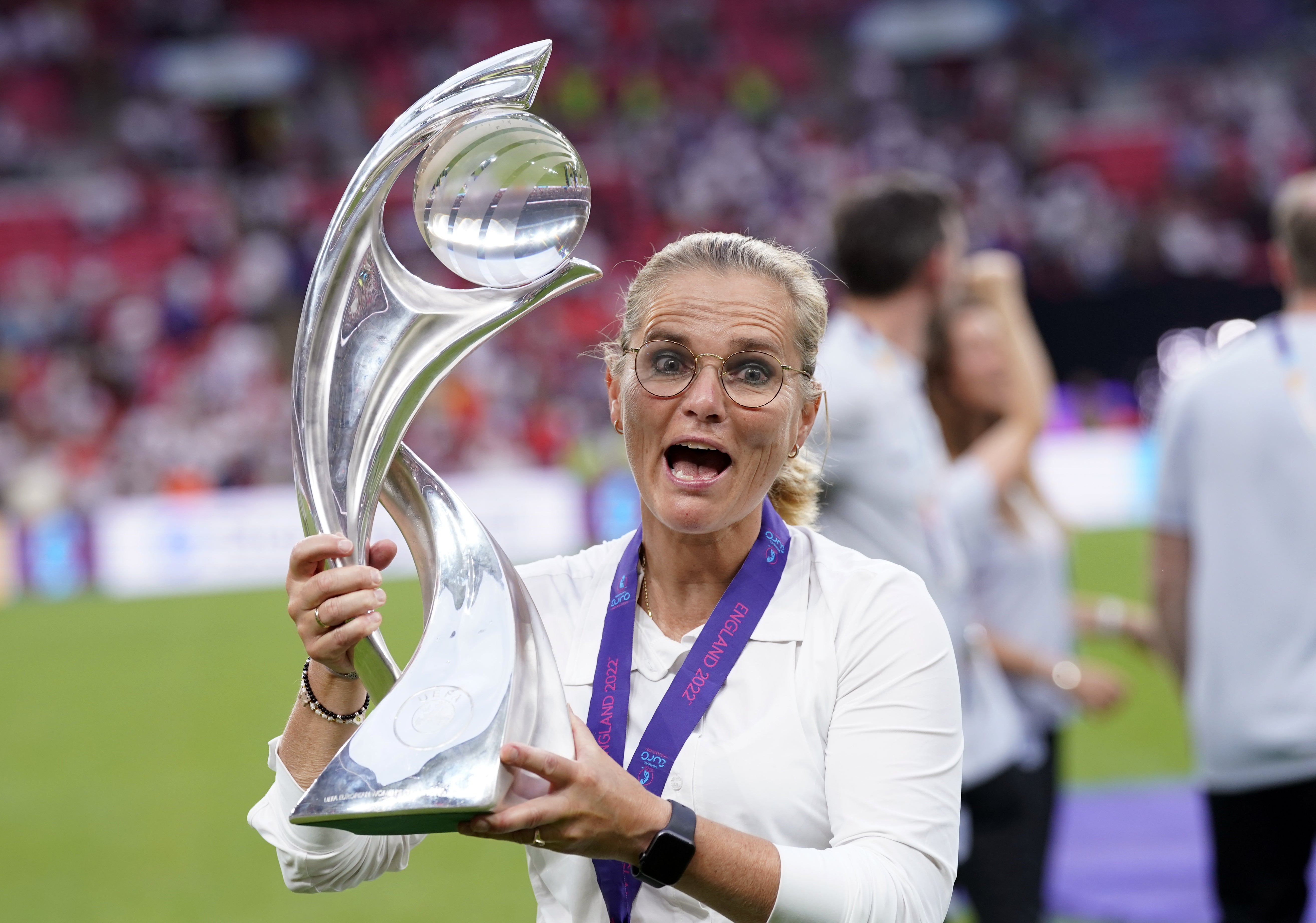 England boss Sarina Wiegman celebrates with the trophy after her side’s victory in the Euro 2022 final (Danny Lawson/PA).