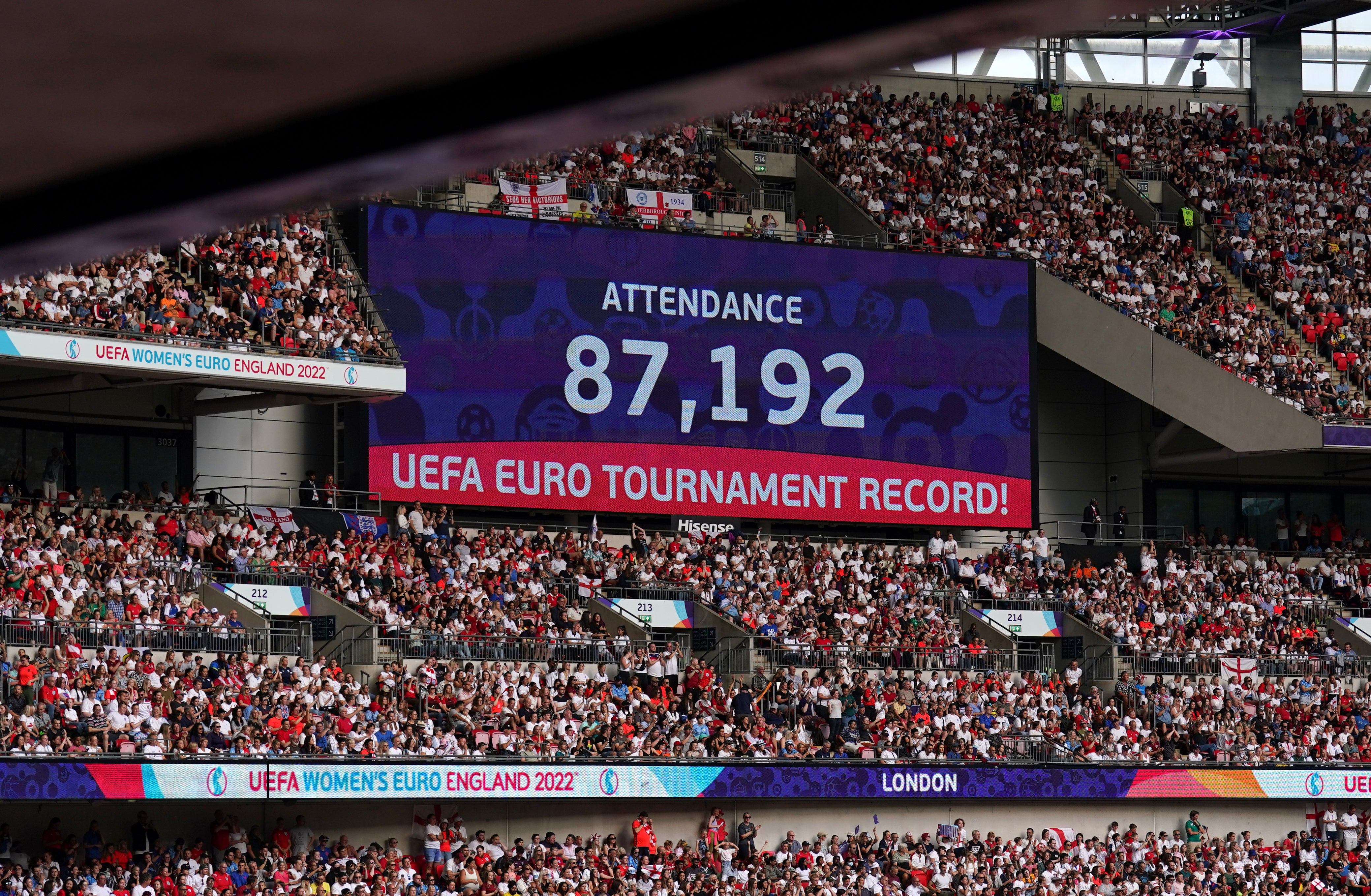 The big screen shows the record attendance at Wembley (Joe Giddens/PA)