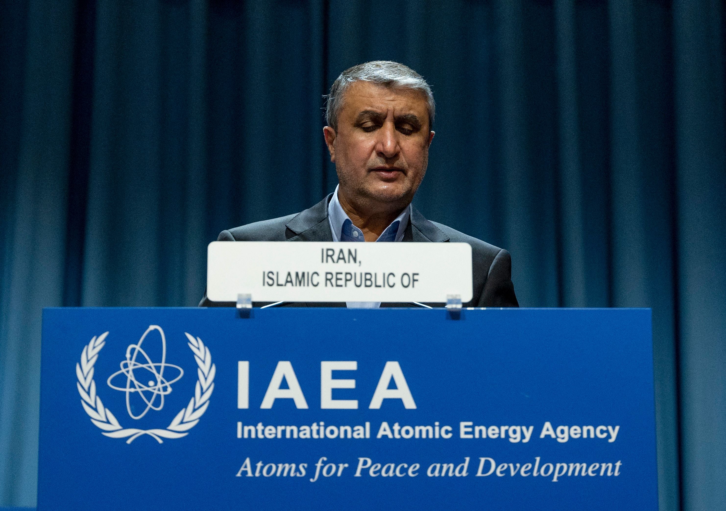 File: Chief of the Atomic Energy Organization of Iran Mohammad Eslami delivers a speech during the International Atomic Energy Agency General Conference in Vienna