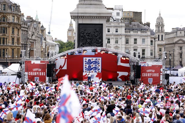 Mayor of London Sadiq Khan on stage during a fan celebration to commemorate England’s historic UEFA Women’s EURO 2022 triumph in Trafalgar Square, London. Picture date: Monday August 1, 2022.
