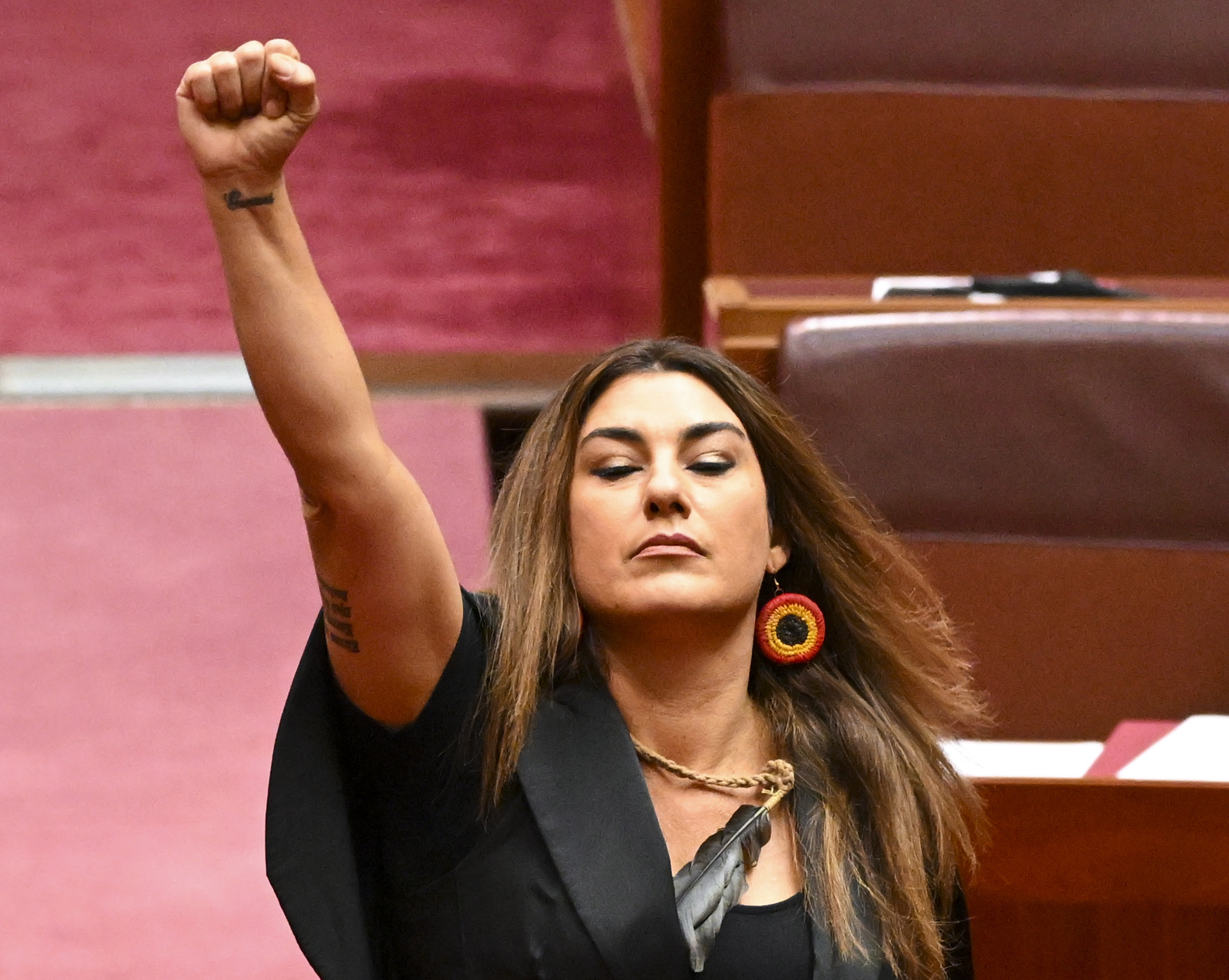 Lidia Thorpe also raised her arm during her swearing-in ceremony in 2022.