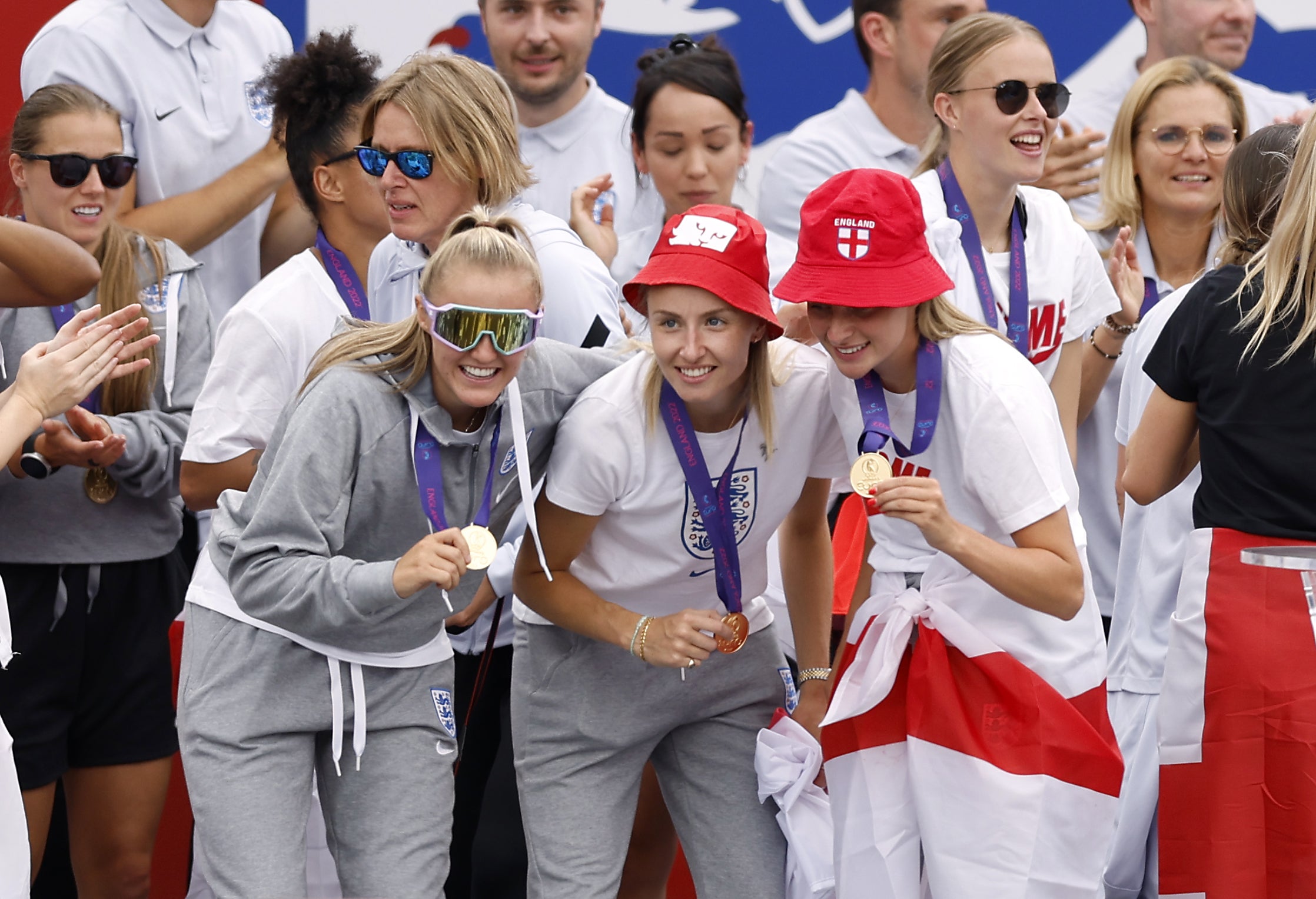 Georgia Stanway, Leah Williamson and Ella Toone (left-right) with their medals (Steven Paston/PA)