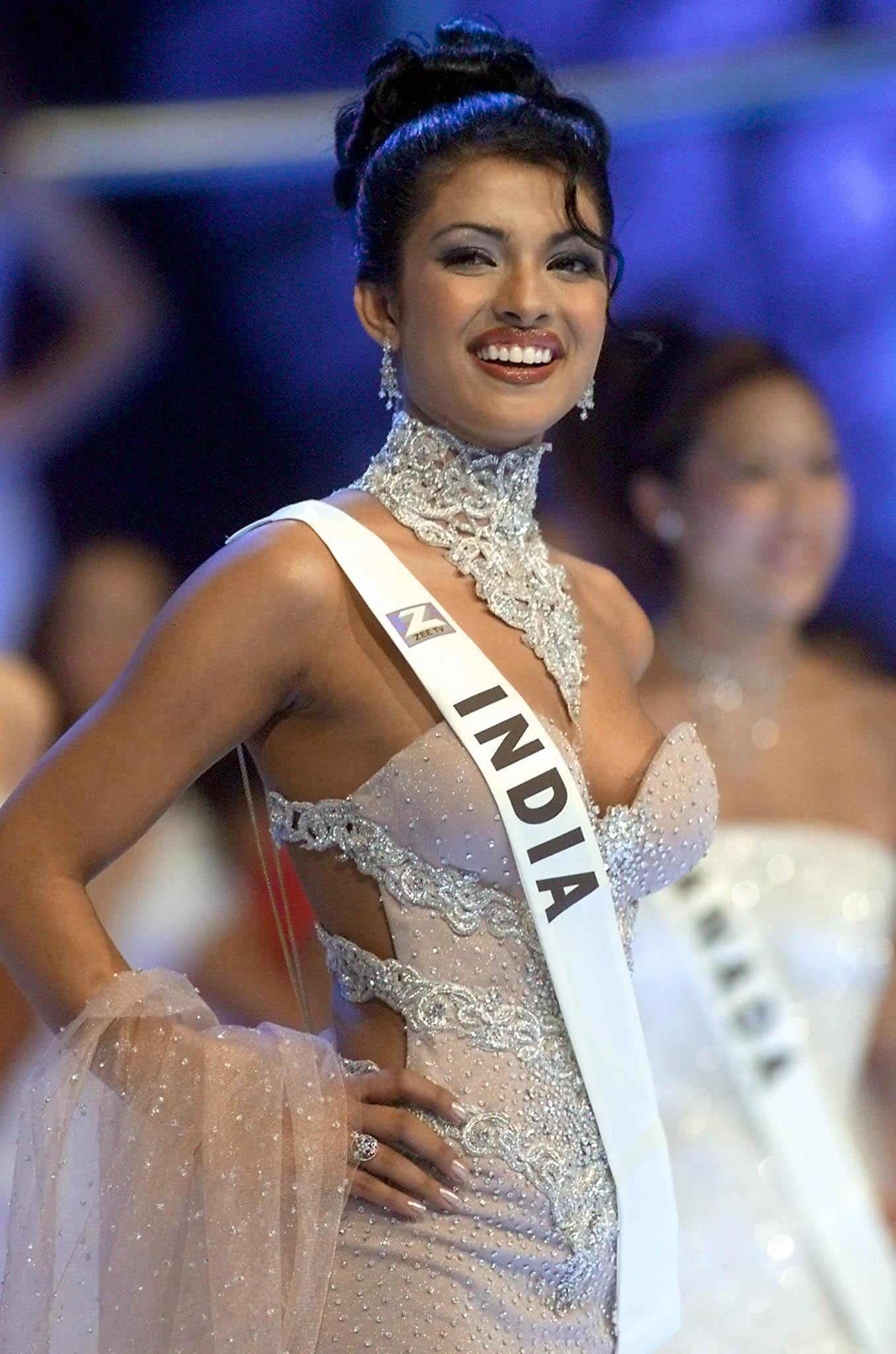 18 year old Priyanka Chopra of India poses on stage during the Miss World final at the Millenium Dome in London, 30 November 2000