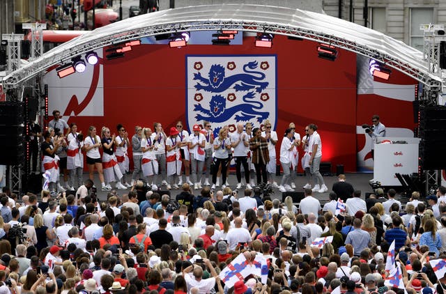 The England team on stage during a fan celebration to commemorate England’s Euro 2022 success (Beresford Hodge/PA)