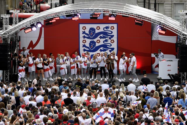 The England team on stage during a fan celebration to commemorate England’s Euro 2022 success (Beresford Hodge/PA)