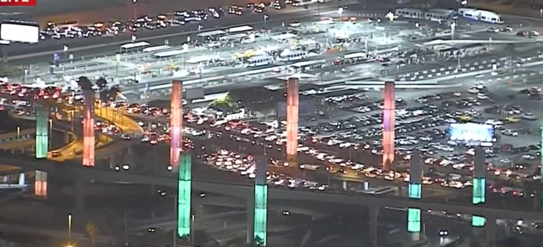 Traffic was backed up at the entrance to Los Angeles Airport on Sunday night due to a suspicious package at Terminal 3