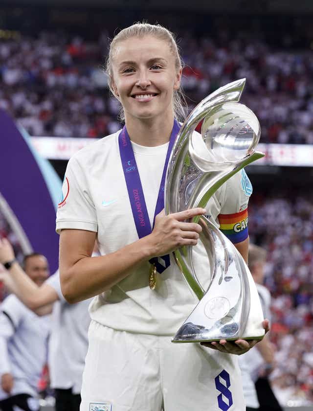 England’s Leah Williamson lifts the Euro 2022 trophy (Danny Lawson/PA)