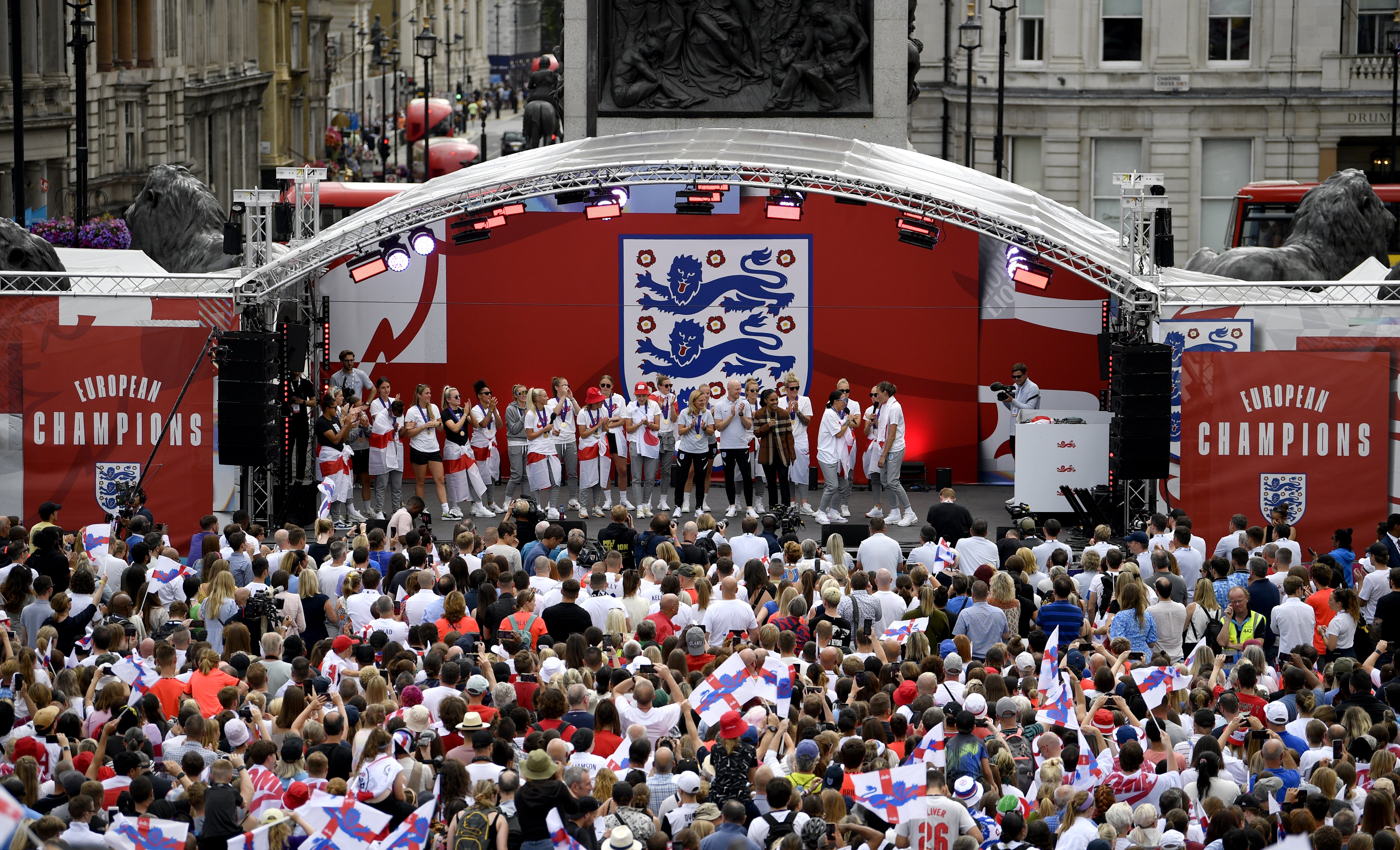 The England team on stage during a fan celebration in Trafalgar Square, London, to commemorate England’s historic Euro 2022 triumph (Beresford Hodge/PA)