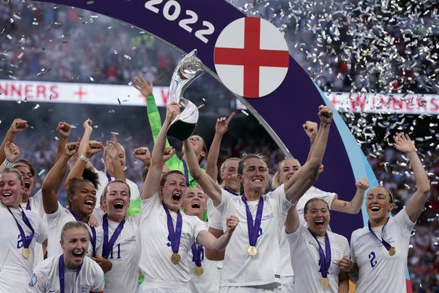 England’s Ellen White and Jill Scott celebrate with the trophy following Sunday’s victory over Gremany in the Euro 2022 final (Danny Lawson/PA).