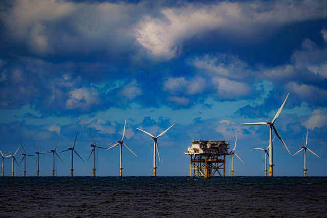 RWE’s Gwynt y Mor, the world’s second largest offshore wind farm located eight miles offshore in Liverpool Bay (PA)