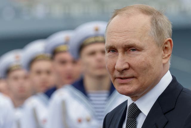 <p>Russia’s President Vladimir Putin attends a parade marking Navy Day in Saint Petersburg</p>