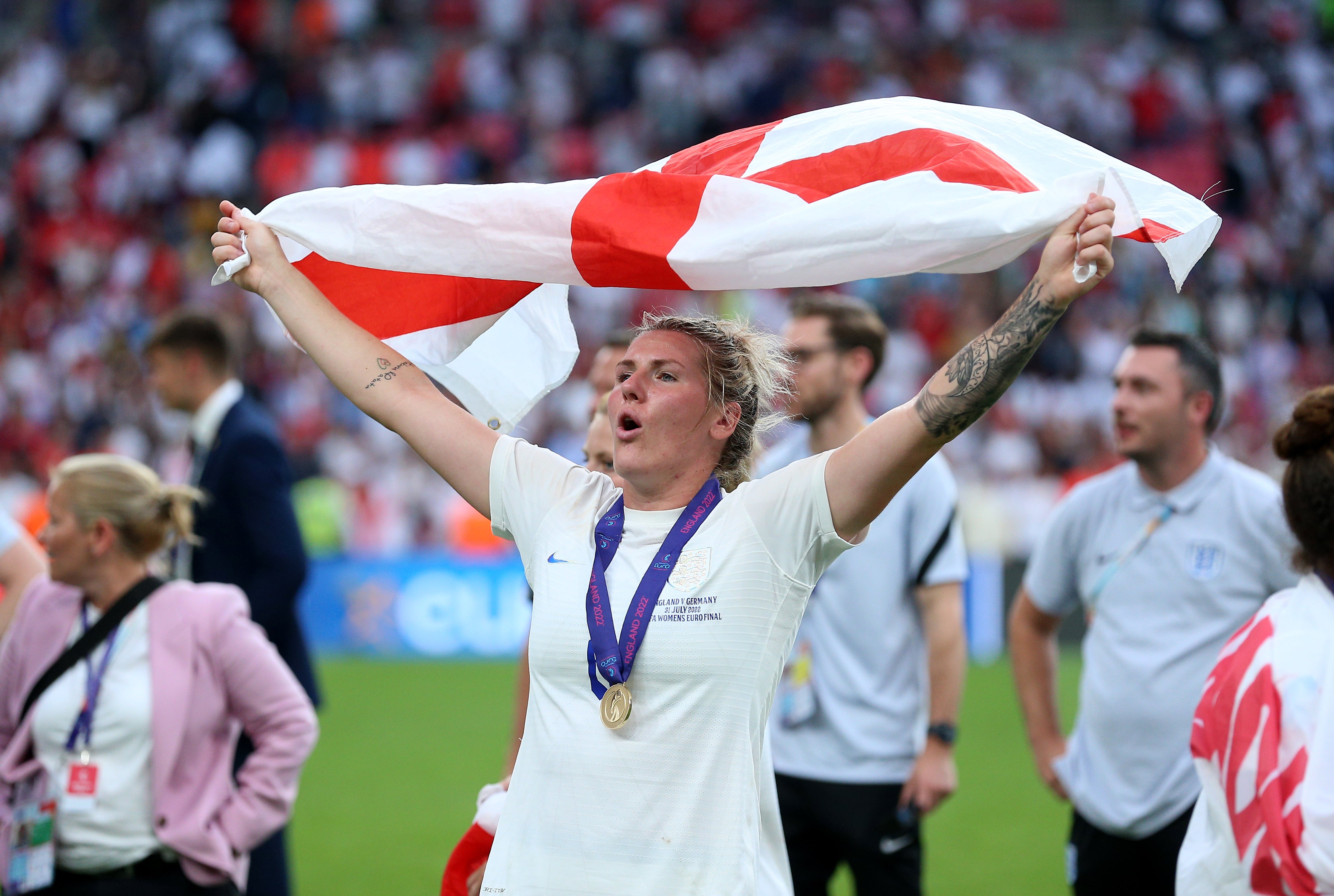 Millie Bright celebrates after England win the Euro 2022 final at Wembley Stadium (Nigel French/PA)